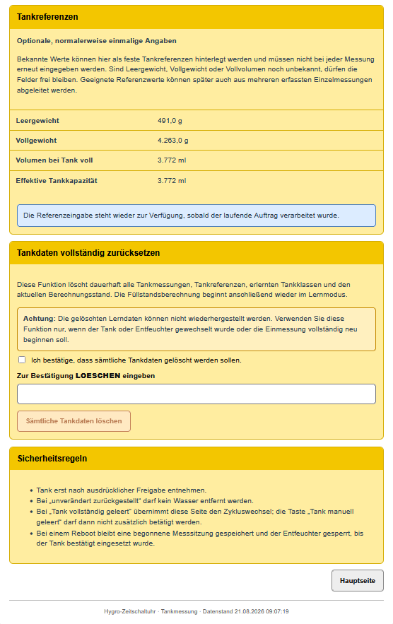 SmartHygro-Seite mit Leergewicht, Vollgewicht und Tankvolumen als Referenzen für die lernende Füllstandsberechnung